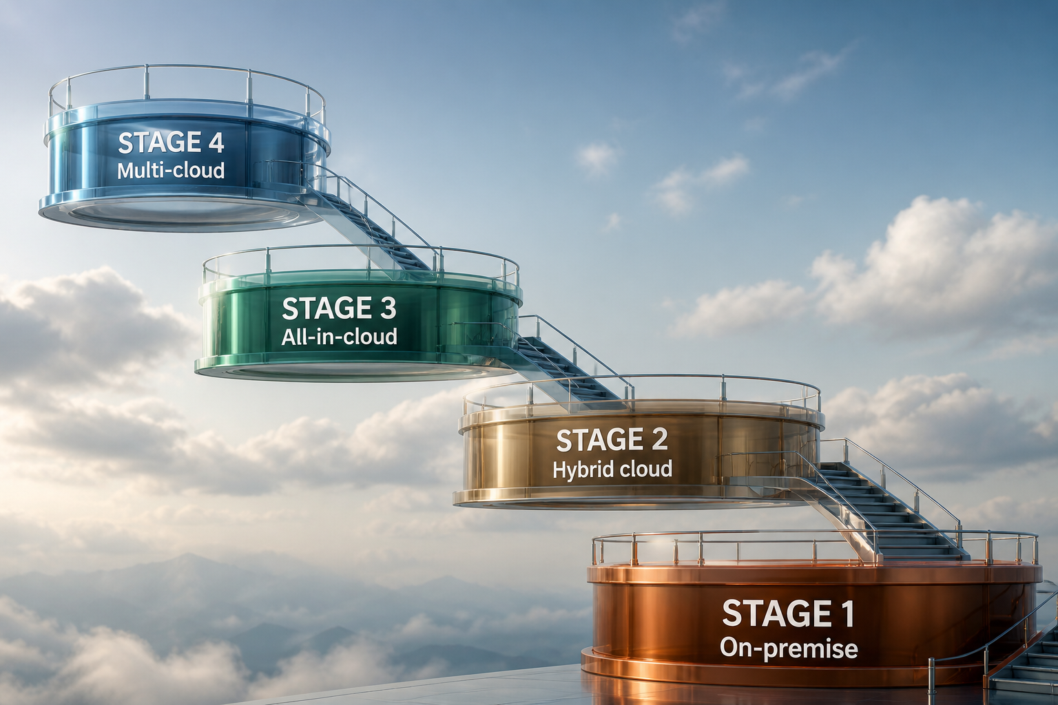Cloud maturity journey from on-premise to hybrid, all-in-cloud, and multi-cloud