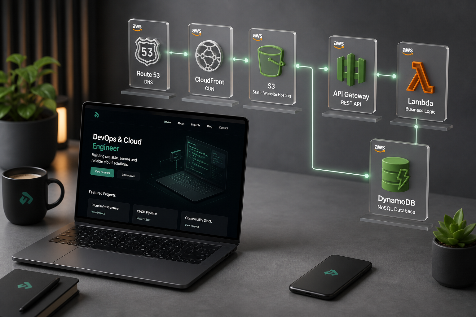 Realistic AWS architecture: Route 53, CloudFront, S3, API Gateway, Lambda, and DynamoDB