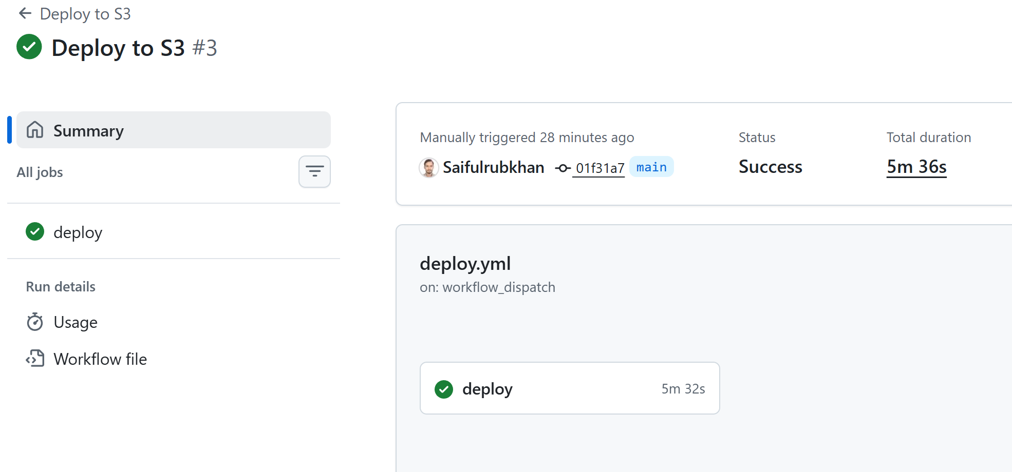 Successful GitHub Actions Deploy to S3 run showing completed build and deploy steps