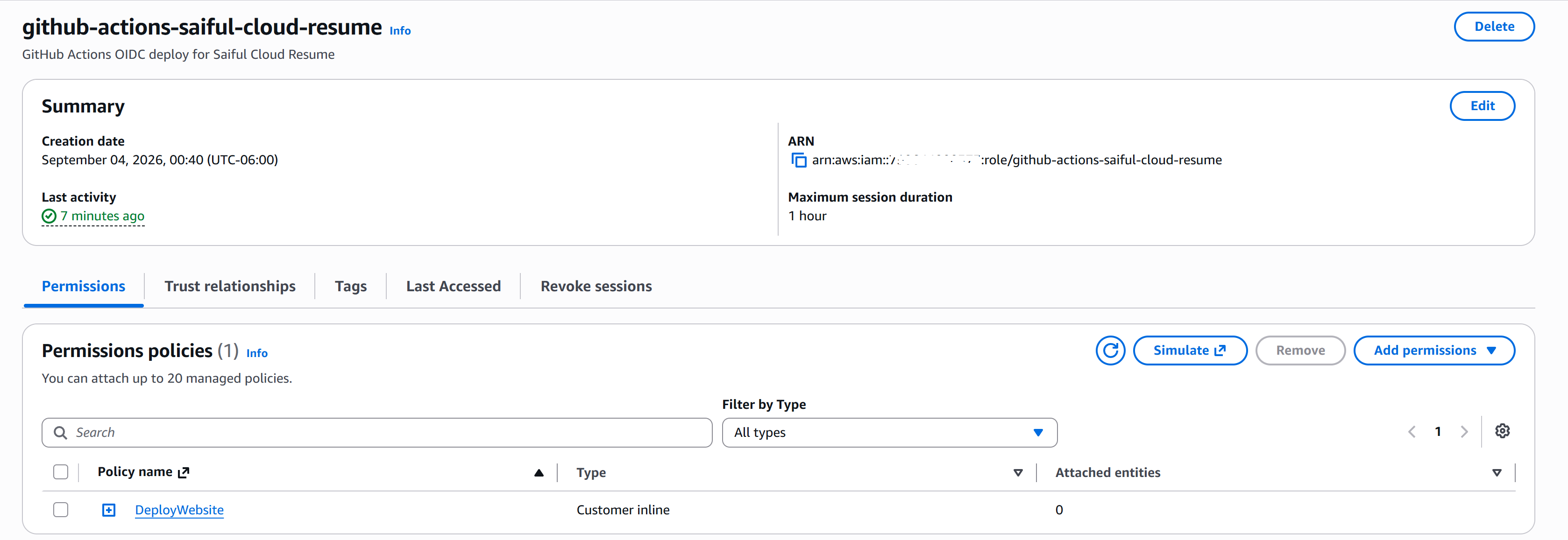 IAM role trust policy allowing GitHub Actions OIDC to assume the deploy role