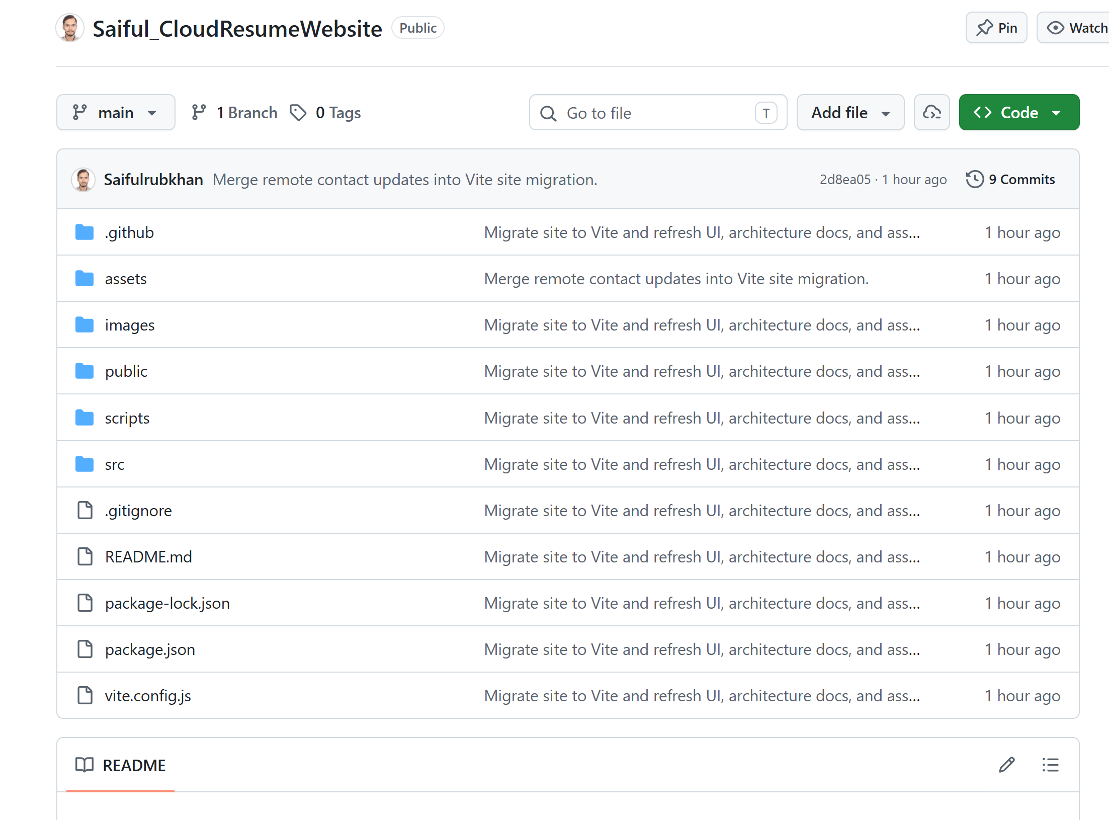 GitHub repository showing the website source code and project file structure.