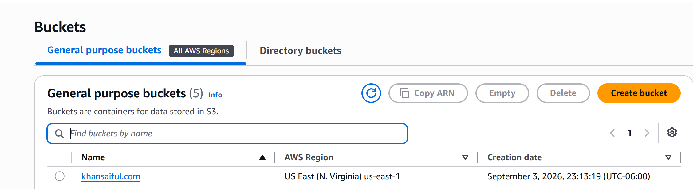 S3 bucket named khansaiful.com for static website hosting