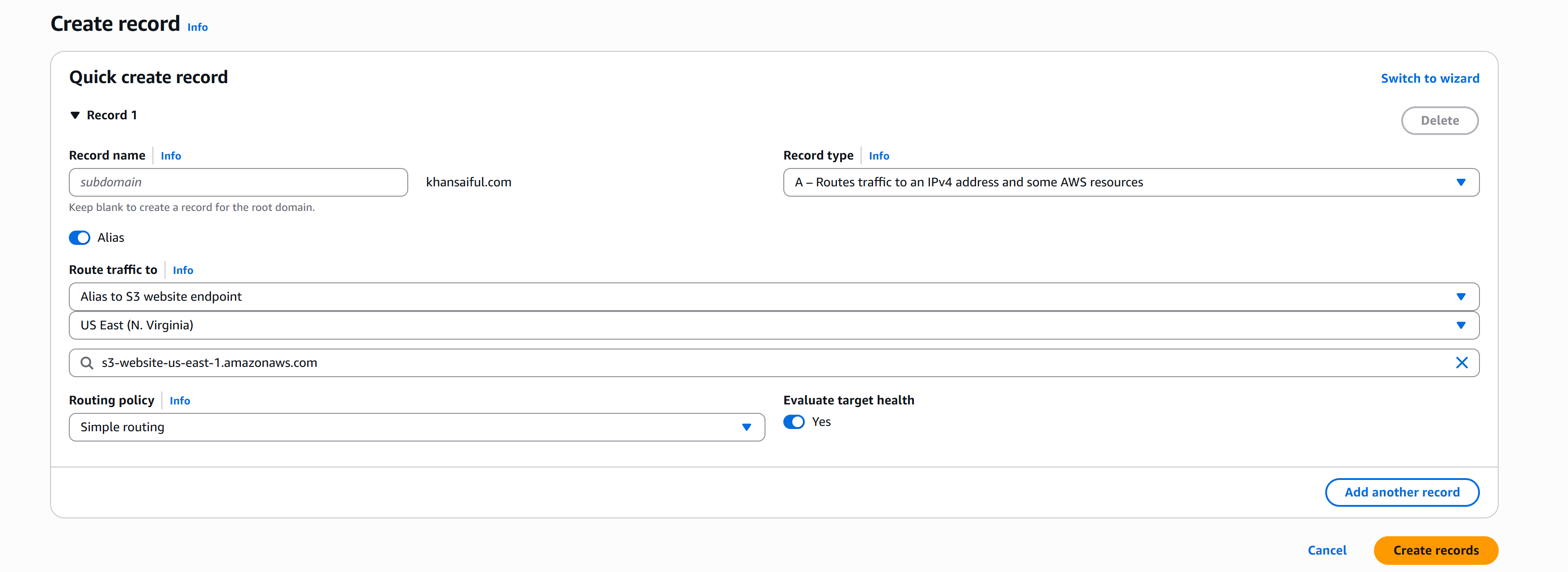 Route 53 alias record configuration for the site domain